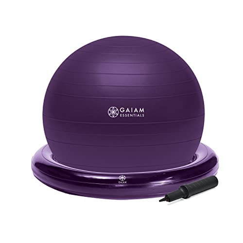 Gaiam Essentials - Kit de balón de equilibrio y base, silla de bola de yoga de 65 cm, pelota de ejercicio con base de anillo inflable para el hogar u oficina, incluye bomba de aire, color morado