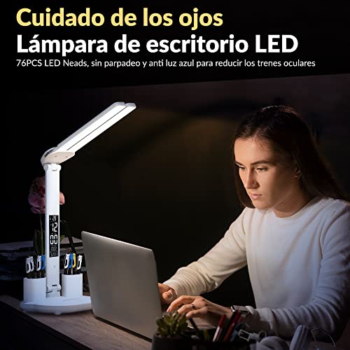 Genérico Lámpara LED para escritorio con termometro, reloj digital y 2 brazos iluminadores, Flexo led blanco, Flexo led para estudiantes de 3 temperaturas, Lámpara para escritorio con 3 temperaturas