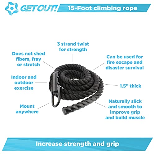 Get Out! Cuerda de escalada para entrenamiento, fitness, 15 pies x 1.5 pulgadas, color negro, cuerda de batalla para ejercicio de gimnasio al aire libre e interior