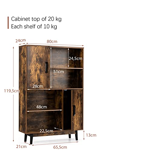 GIANTEX Aparador de salón moderno, mueble multiusos vintage, con 2 puertas y 4 compartimentos de cocina, 80 x 24 x 119,5 cm, 4 colores (café)