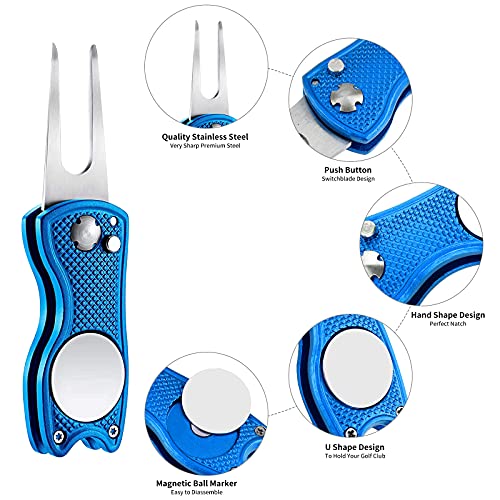 GLAITC Golf Divot Tool 2Pcs Arreglapiques Golf Herramienta de Reparación de Divot de Golf Tenedor de Campo de Golf con Botón Emergente y Marcador Bola Magnética para Golfistas Accesorios (Azul)