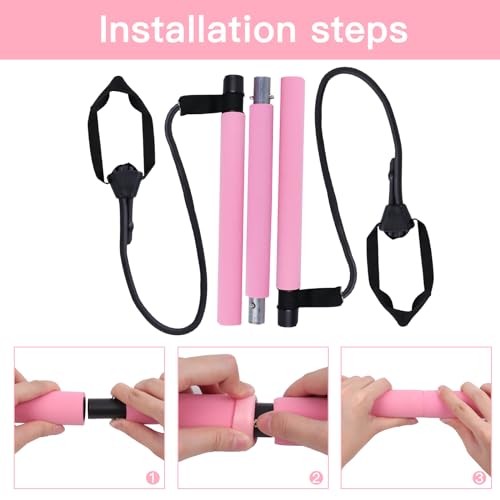 GLKEBY Kit de barra de pilates con resistencia ajustable y palo de ejercicio portátil para pilates, adecuado para estiramiento, yoga, modelado, entrenamiento, abdominales y pérdida de peso, color rosa