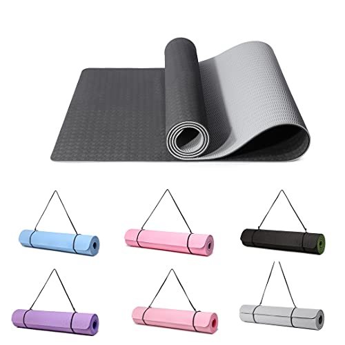 Good Nite Esterilla para yoga, de fitness, esterilla antideslizante, de entrenamiento, de pilates, de gimnasia con correa, 183 x 61 x 0,6 cm (gris/negro)