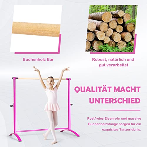 GOPLUS Barra de ballet independiente de madera maciza con marco de acero para casa y gimnasio, barra de baile antideslizante con 4 posiciones de altura ajustable para niños y adultos (rosa)