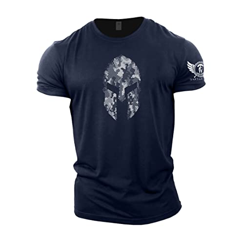 GYMTIER Spartan Helmet Hex Camo - Camiseta de gimnasio para hombre, para culturismo y levantamiento de pesas, azul marino, XL