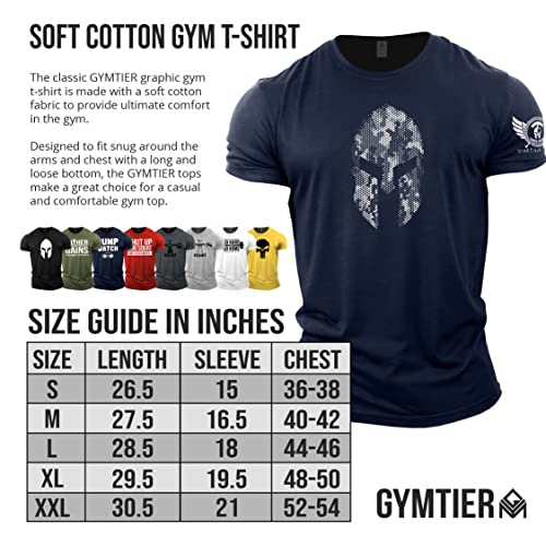 GYMTIER Spartan Helmet Hex Camo - Camiseta de gimnasio para hombre, para culturismo y levantamiento de pesas, azul marino, XL