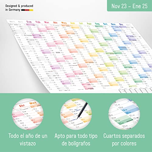 Häfft Calendario de pared XXL 2024 A1+ (89 x 63 cm) (Rainbow) en español 15 meses, planificador anual A4, plegado con vista general de vacaciones