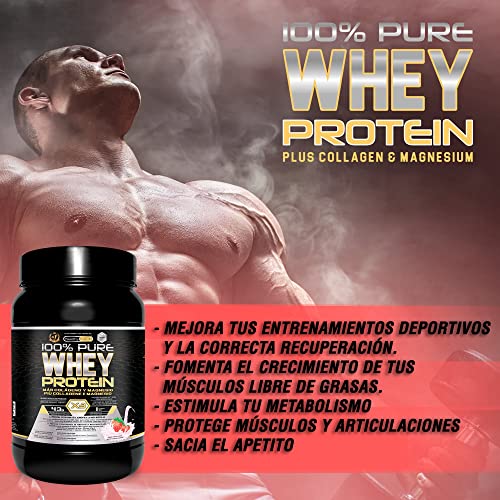 Healthy Fusion Whey Protein | Proteína pura con Colágeno + Magnesio | Tonifica y aumenta la masa muscular | Mejora tus entrenamientos | 1000g (Fresa)