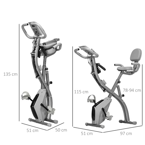 HOMCOM Bicicleta Estática Plegable Regulable en Altura Resistencia Magnética Ajustable Bicicleta de Ejercicio Fitness con Pantalla LCD y Asiento con Respaldo 97x51x115 cm Gris