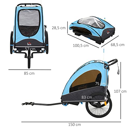 HOMCOM Remolque Infantil 3 en 1 para Bicicleta Carrito para Correr de 2 Plazas para Niños de +6 Meses Plegable Ruedas Giratorias y Manillar Ajustable 150x85x107 cm Azul