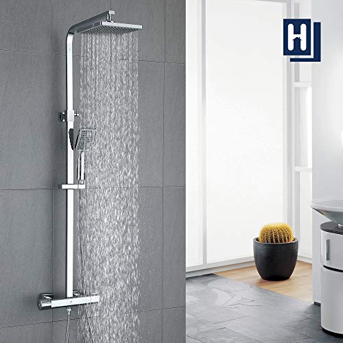 HOMELODY Sistema de ducha con termostato, ducha de lluvia, rectangular, incluye ducha de mano ABS, ducha de lluvia 19,7 x 19,7 cm, barra de ducha de acero inoxidable