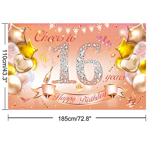 HOWAF Chica 16 Cumpleaños Decoración Oro Rosa, Chica 16 Cumpleaños Pancarta de Tela para 16 Años Telón de Fondo, 16 Cumpleaños Pared Jardín Decoración, 16 Cumpleaños Interior Exterior Decoración