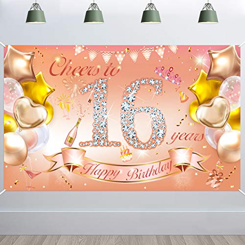 HOWAF Chica 16 Cumpleaños Decoración Oro Rosa, Chica 16 Cumpleaños Pancarta de Tela para 16 Años Telón de Fondo, 16 Cumpleaños Pared Jardín Decoración, 16 Cumpleaños Interior Exterior Decoración