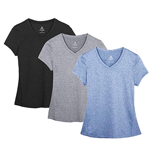 icyzone Camiseta de Deportiva de Manga Corta para Mujer, Pack de 3 (M, Negro/Granito/Azul)