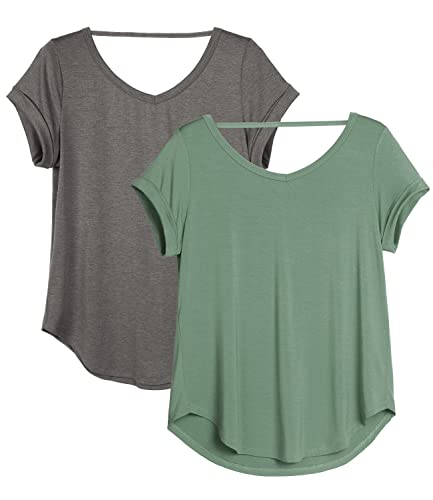 icyzone Camiseta de Yoga Deportiva de Suelta Transpirable de Manga Corta de Espalda Abierta para Mujer,Pack de 2 -XL-