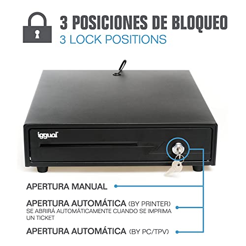 iggual Cajón Portamonedas IRON-10 - Caja Registradora Manual o Automática RJ11 (12V), Compartimentos: x4 Billetes y x6 Monedas, Cerradura 3 Posiciones Bloqueo, 38x33.50x8 cm (Color Negro)