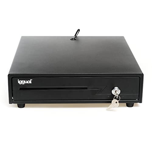 iggual Cajón Portamonedas IRON-10 - Caja Registradora Manual o Automática RJ11 (12V), Compartimentos: x4 Billetes y x6 Monedas, Cerradura 3 Posiciones Bloqueo, 38x33.50x8 cm (Color Negro)
