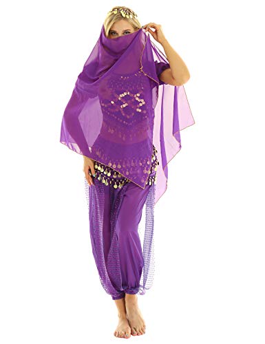 inhzoy Vestido Danza del Vientre para Mujer Disfraz de Princesa Árabe Traje de Baile India Lentejuelas Conjunto de Danza Oriental 4Pcs para Fiesta Actuación Morado Talla única