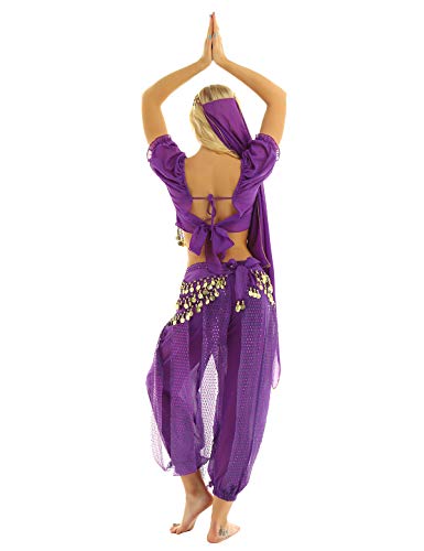 inhzoy Vestido Danza del Vientre para Mujer Disfraz de Princesa Árabe Traje de Baile India Lentejuelas Conjunto de Danza Oriental 4Pcs para Fiesta Actuación Morado Talla única