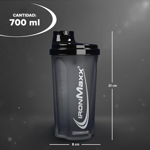 IronMaxx Protein Shaker- negro noche 700ml | Mezclador de proteínas con tapa de rosca, tamiz & escala de medición | a prueba de fugas, apto para lavavajillas y sin plastificantes BPA ni DEHP