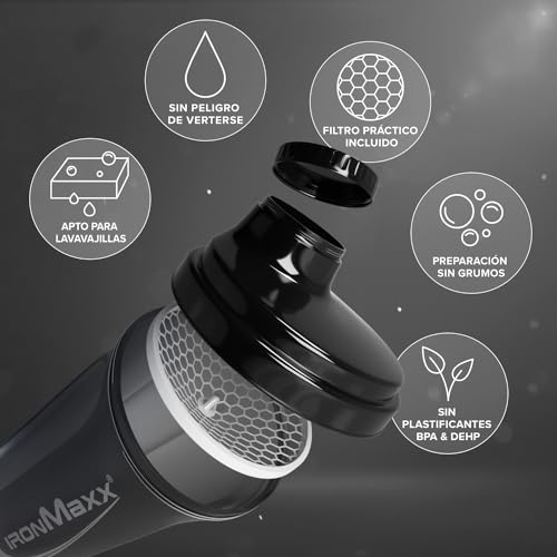 IronMaxx Protein Shaker- negro noche 700ml | Mezclador de proteínas con tapa de rosca, tamiz & escala de medición | a prueba de fugas, apto para lavavajillas y sin plastificantes BPA ni DEHP