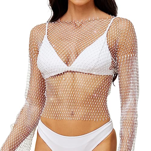 JasGood Rhinestone brillante malla cuerpo cadena tops para mujeres brillante bikini crop top para discoteca fiesta festival, Blanco-manga larga, Tallaúnica