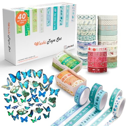 JEASTECH, 40 washi tape - 40 pegatinas mariposas - papeleria aesthetic - scrapbooking materiales kit - cinta adhesiva decorativa - el mejor set de cintas adhesivas decorativas
