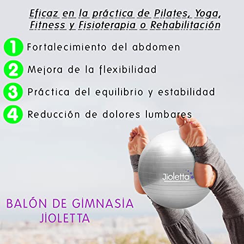 Jioletta - Pelota Pilates, Pelota Fitness, Pelota Embarazadas, Fitball - Segura, Resistente, Antiestallido - Inflador (65cm, Gris Plata)