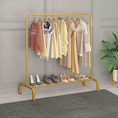 JIUYOTREE Perchero de metal de 110 cm con perchero inferior para abrigos, faldas, camisas, suéteres, color dorado