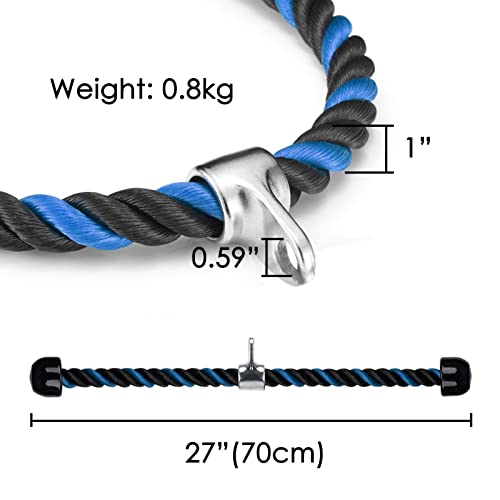 jiuzcare Cuerda Triceps 70cm Triceps Cuerda de Nailon Tricep Rope Tríceps Cable Pull Down Cuerda para Ejercicios de Biceps y Tríceps Cuerda de Entrenamiento Tríceps para Bíceps, Tríceps, Fitness, Azul