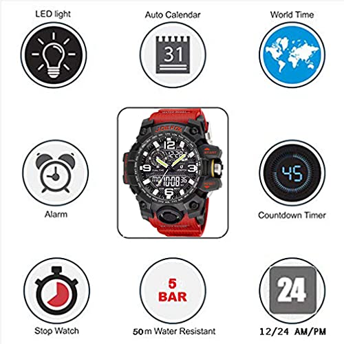 JOEFOX Reloj Militar para Hombre Rojo Deporte Relojes Analógico y Digital LED Electrónico Grande Relojes Resistente al Agua 50M