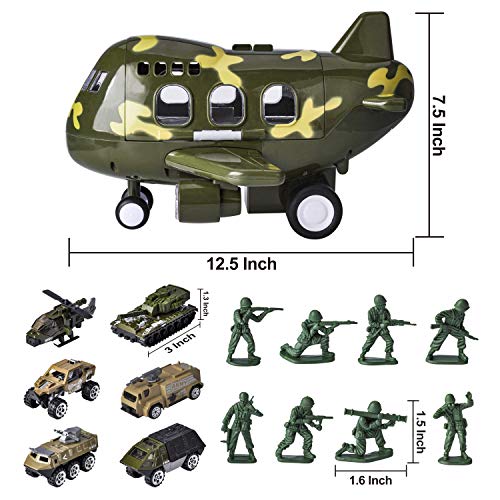 JOYIN 15 PCS Military Friction Powered Transport Cargo Airplane Toy with Die-Cast Military Cars Including 6 Diecast Military Vehicle Toys and Army Men Action Figures for Combat Toy Imaginative Play