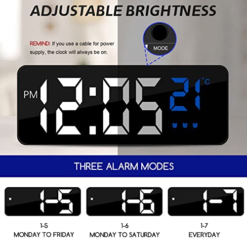 Jsdoin - Reloj Despertador Digital, Pantalla LED Grande, Reloj Despertador con Pantalla de Temperatura, Reloj Despertador Alimentado por USB/batería con 3 Modelos de Alarma, 12/24 Horas, atenuación
