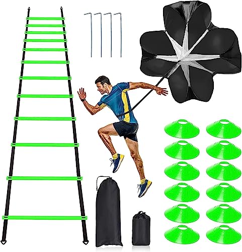 Juego de entrenamiento de agilidad de velocidad profesional, incluye 12 peldaños de 20 pies de escalera de agilidad ajustable con bolsa, 12 conos deportivos, 4 estacas de acero, 1 paracaídas de