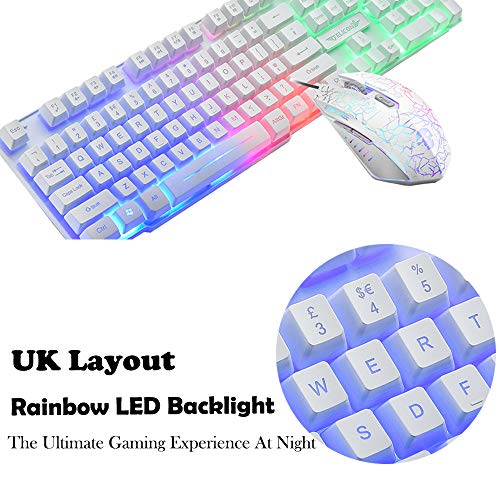 Juego de Teclado y ratón para UK diseño, Lexon Tech Rainbow LED retroiluminado con Teclado y Combo de ratón, con sensación mecánica Gamer Teclado con Ratón óptico de 6 Botones+ Alfombrilla de ratón