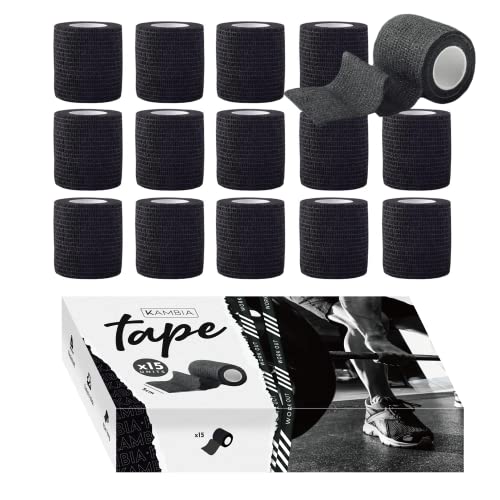 KAMBIA esparadrapo deportivo, tape crossfit, 15 vendas autoadhesivas, venda elastica adhesiva, tape, venda cohesiva, crossfit. Color negro 4,5m x 5cm