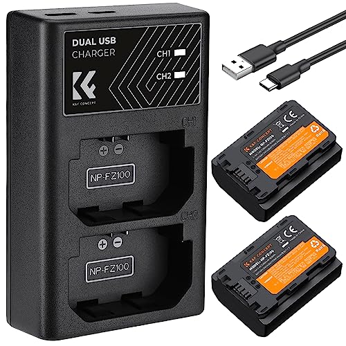 K&F Concept NP-FZ100 Batería de Repuesto(2 Pack) con Cargador Dual USB,Sony NP-FZ100 Batería de Cámara 2280mAh para Sony Alpha A7 III,A7R III (A7R3),A9,a6600,a7R IV,Alpha a9 II