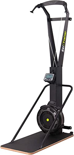 KFT Máquina de Esquí, Ski Trainer con Plataforma, Máquina de Remo Vertical de Aluminio, Resistencia al Aire de 9 Niveles, Monitor, Base de Madera Antideslizante, Empuñaduras Ergonómicas