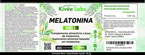 KivéeLabs® 365 Comprimidos Melatonina Pura 1,99 mg (Suministro 1 Año) | Rápida Asimilación | Suministro para 1 año | Ayuda con el insomnio y trastornos del sueño | Vegano sin OMG | Fabricado en España