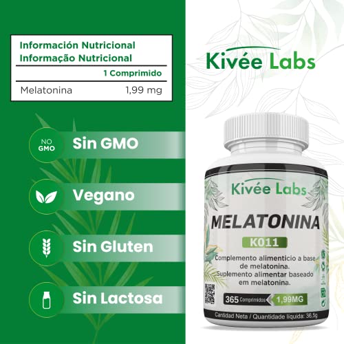 KivéeLabs® 365 Comprimidos Melatonina Pura 1,99 mg (Suministro 1 Año) | Rápida Asimilación | Suministro para 1 año | Ayuda con el insomnio y trastornos del sueño | Vegano sin OMG | Fabricado en España