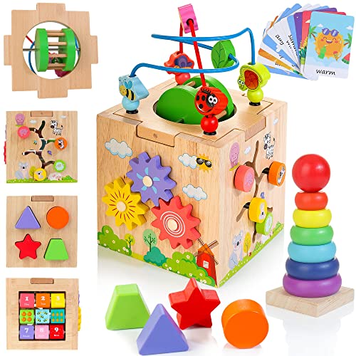 Kizfarm 8 en 1 Cubo de Actividad de Madera Juguete Montessori 12-18 Meses Juguete bebé con Cuentas de Rodillo de sonajero Laberinto clasificación y apilamiento Tablero Regalo de cumpleaños