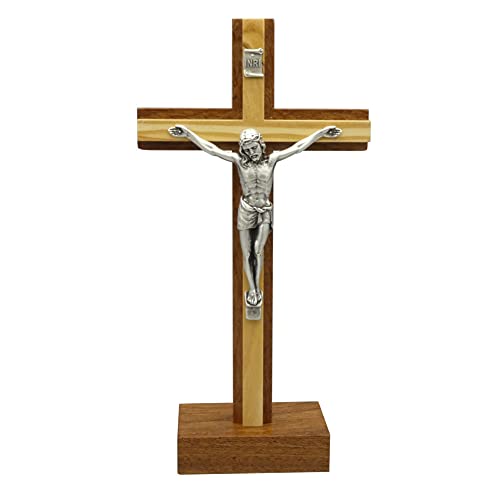 kruzifix24 Cruz de pie de madera de caoba con vigas de madera de olivo, cuerpo recto, metal plateado, 17 x 8,5 cm, cruz altar para casa, casa de cuidados para viajes