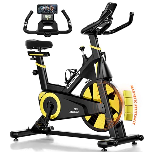 LABGREY Bicicleta Indoor Ejercicio Gym Casa Fitness Bikes Volante 15 KG, Resistencia Ajustable con Pantalla LCD y Monitor de Frecuencia Cardíaca (Amarillo)