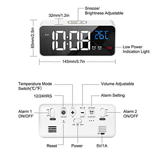 LATEC Despertador con gran pantalla LED de temperatura, 13 sonidos de alarma, puerto de carga USB, atenuador de brillo ajustable de 4 niveles, repetición, portátil Blanco