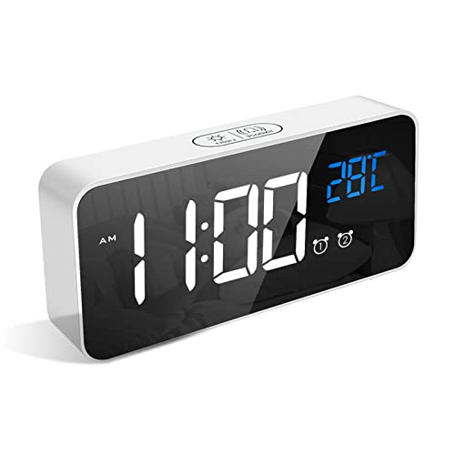 LATEC Despertador con gran pantalla LED de temperatura, 13 sonidos de alarma, puerto de carga USB, atenuador de brillo ajustable de 4 niveles, repetición, portátil Blanco