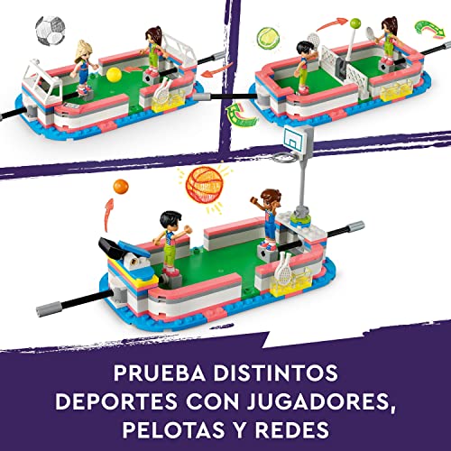 LEGO 41744 Friends Centro Deportivo con Juegos de Fútbol, Baloncesto, Tennis y Muro de Escalada, 4 Mini Muñecas, Regalos y Juguetes de Heartlake City