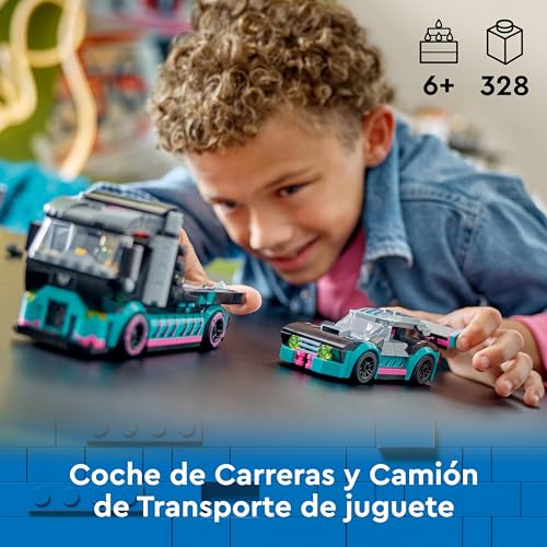 LEGO City Coche de Carreras y Camión de Transporte de Juguete, Juego de Construcción con Vehículo de Competición, Minifiguras de Piloto y Camionero, Regalo para Niños y Niñas de 6 Años o Más 60406