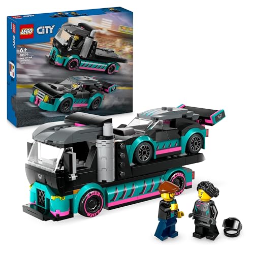LEGO City Coche de Carreras y Camión de Transporte de Juguete, Juego de Construcción con Vehículo de Competición, Minifiguras de Piloto y Camionero, Regalo para Niños y Niñas de 6 Años o Más 60406