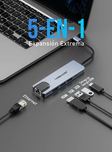 Lemorele Adaptador 5 en 1, con HDMI 4K, 2 USB C 3.0, Carga Súper Rápida de 100W, Ethernet para MacBook Air/Pro M1, iPad Pro M1, Chromecast, Switch, PS4, Windows