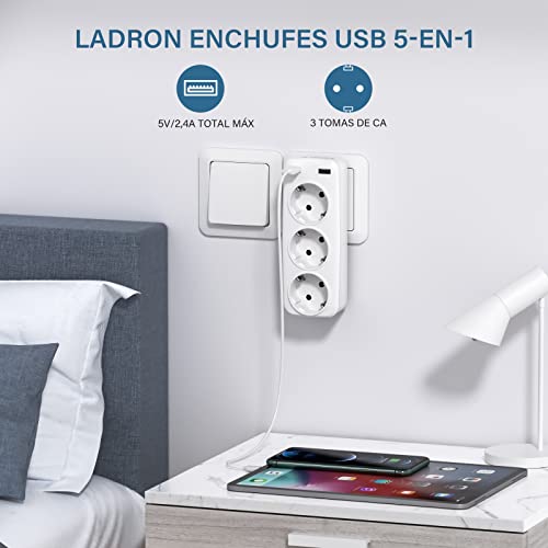 LENCENT Ladron Enchufes Multiples, 4000W, Adaptador de Pared con 3 Clavija Schuko y 2 Puertos USB, para Portátil, Familia, Oficina, Cocina